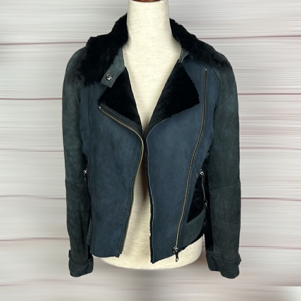 Armani Exchange Charcoal Leather Suede Moto Bomber Jacket Fur Collar Satin Back